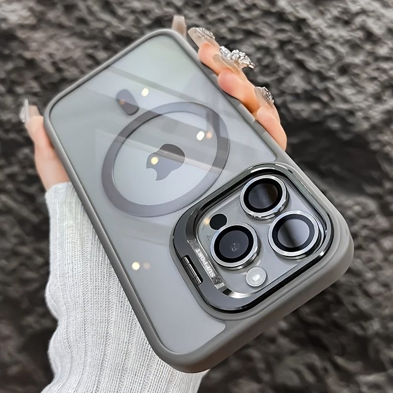 Simplified Magnetic Metal Frame Lens Protective Film/Bracket Three In One Phone Case Suitable for iPhone 16 16pro 16proMax 15 15Pro 15ProMax 14 14Pro 14ProMax 13 13Pro 13ProMax 12 12Pro 12ProMax 11 Acrylic Anti Drop Hard Shell Protective Case