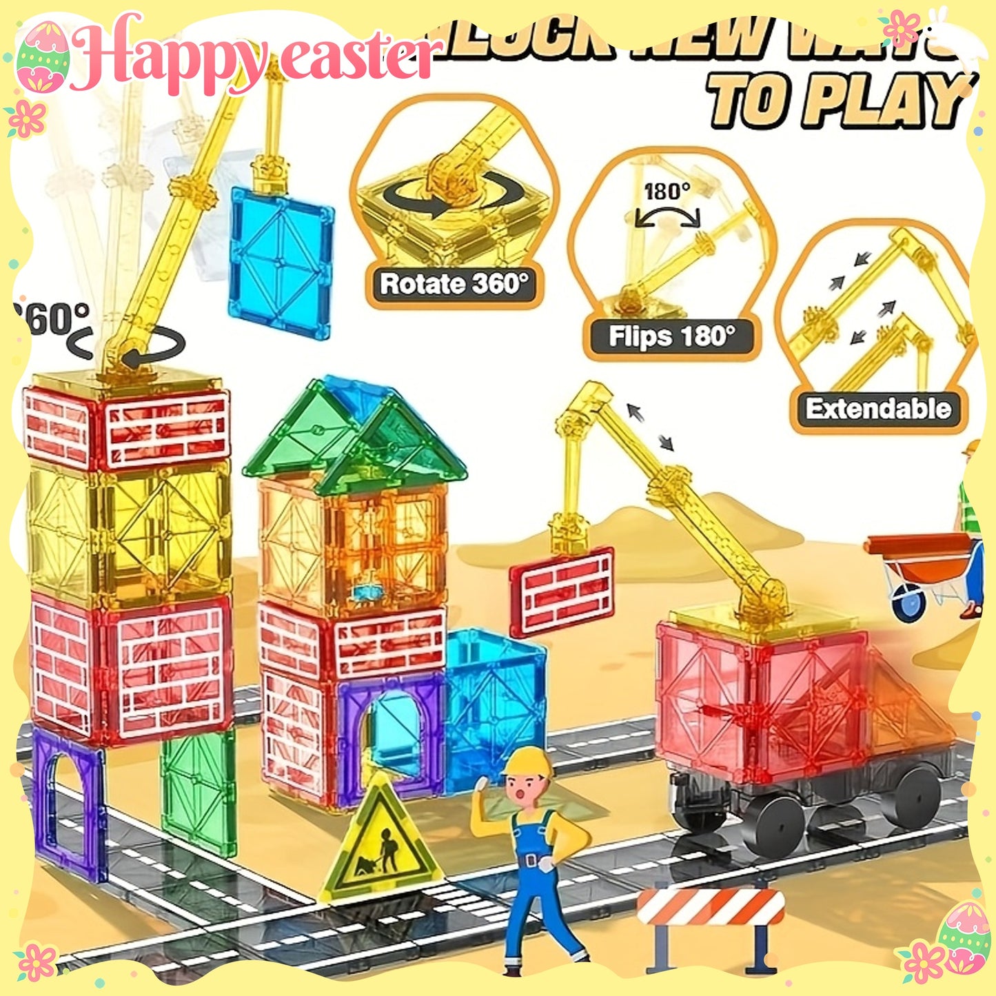 Magnetic Tiles Road Set with Magnet Crane Car Toys, Magnetic Building Blocks STEM Toys Creativity And Learning Construction Toys for Kids Age 3-6 Birthday Christmas Gifts (Random Color)