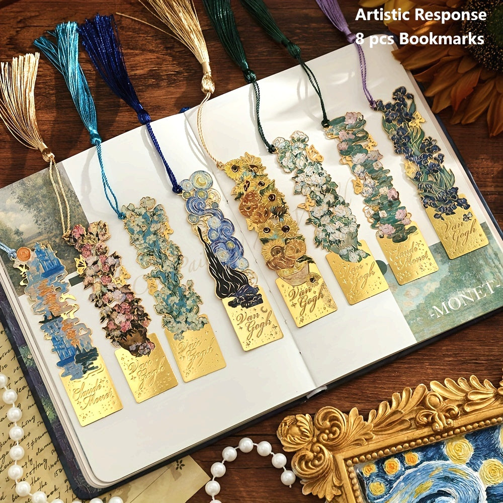 8pcs Metal Vintage Artistic Bookmarks with Long Tassels, Retro Hollow Design for Book Lovers, Students & Office Use