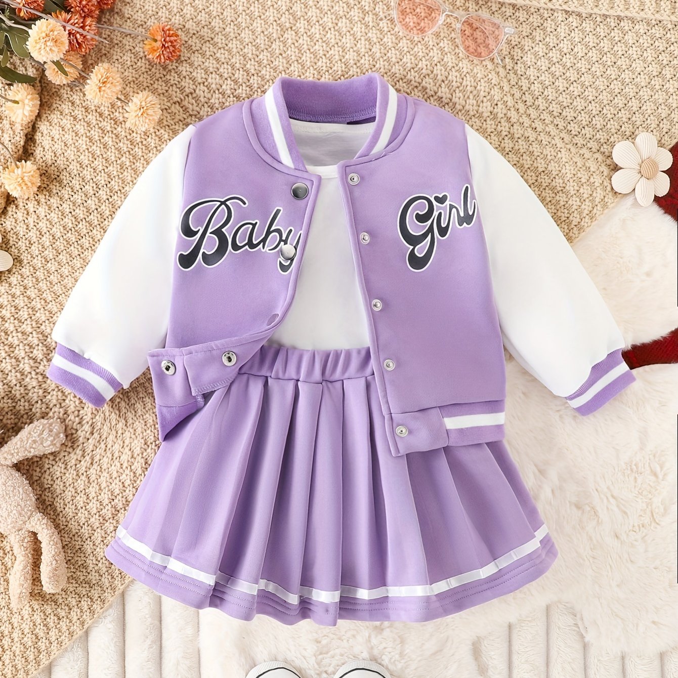Girls' American Style Patchwork Baseball Jacket & Preppy Pleated Skirt Set, Long Sleeve Crew Neck with Alphabet Applique, Knee-Length Regular Fit for Fall/Winter, Perfect for Outdoor