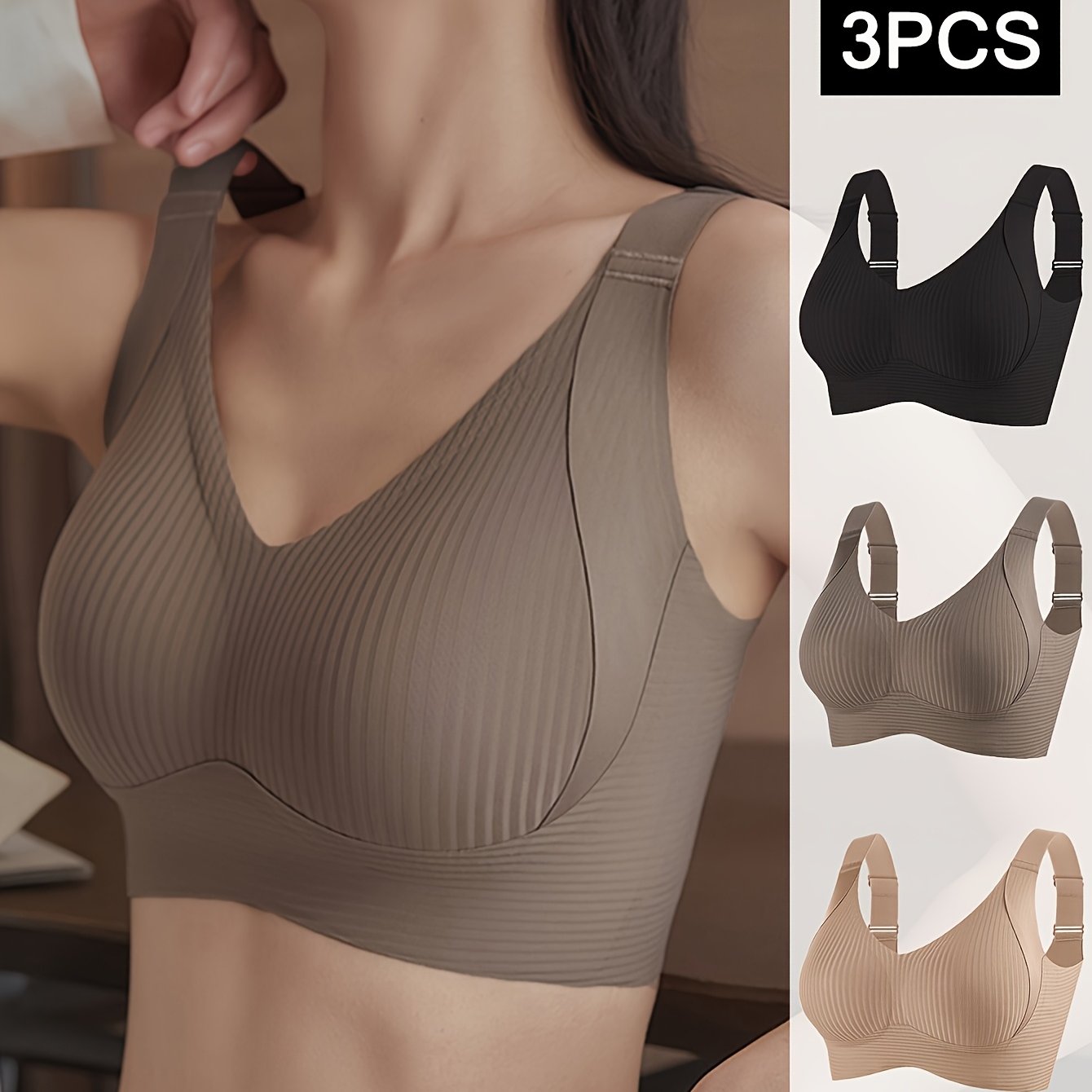 3pcs Women's Push-Up Bras Anti-Sagging Adjustable Comfort Seamless High Support Wire-Free with Removable Pads & Side Smoothing Striped Design - Breathable Soft Fabric for Casual Attire (Light Beige/White/Black), Comfortable Lingerie, Stylish Lingerie, Smo
