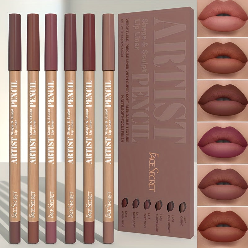 Long-Lasting & Non-Drying 6pcs Velvet Matte Lip Liner Pencils Set - Perfect for Lining & Filling Lips - Versatile Shades for All Skin Types, Includes Berry, Brown, Pink, Purple, Red Tones