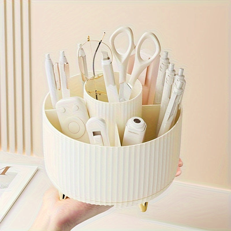 Round Multi-Compartment Rotating Pen Holder - Plastic Desk Organizer for Office Supplies and Cosmetics
