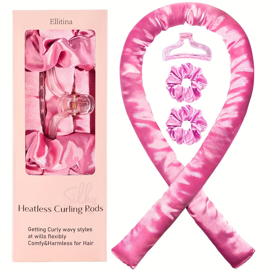 Ellitina 4pcs Spring-Summer Heatless Curling Set - No-Heat Overnight Waves & Satin Travel Kit | Sleep-Soft Adjustable Rod & Headbands (Leopard/Hearts) | DIY Vacation Curls Anywhere | Luxury Mother's Day gift