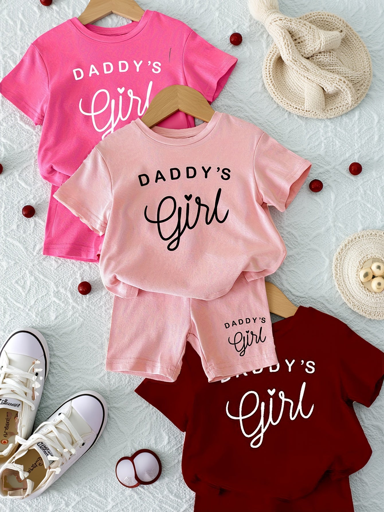 Girls Summer Outfit, "Daddy'S Girl" Letter Print Knit Top and Shorts Set, Soft Comfortable Casual Polyester 95% with 5% Elastane, Slight Stretch, Round Neck, Short Sleeve - Fashion Clothing, for Outdoor