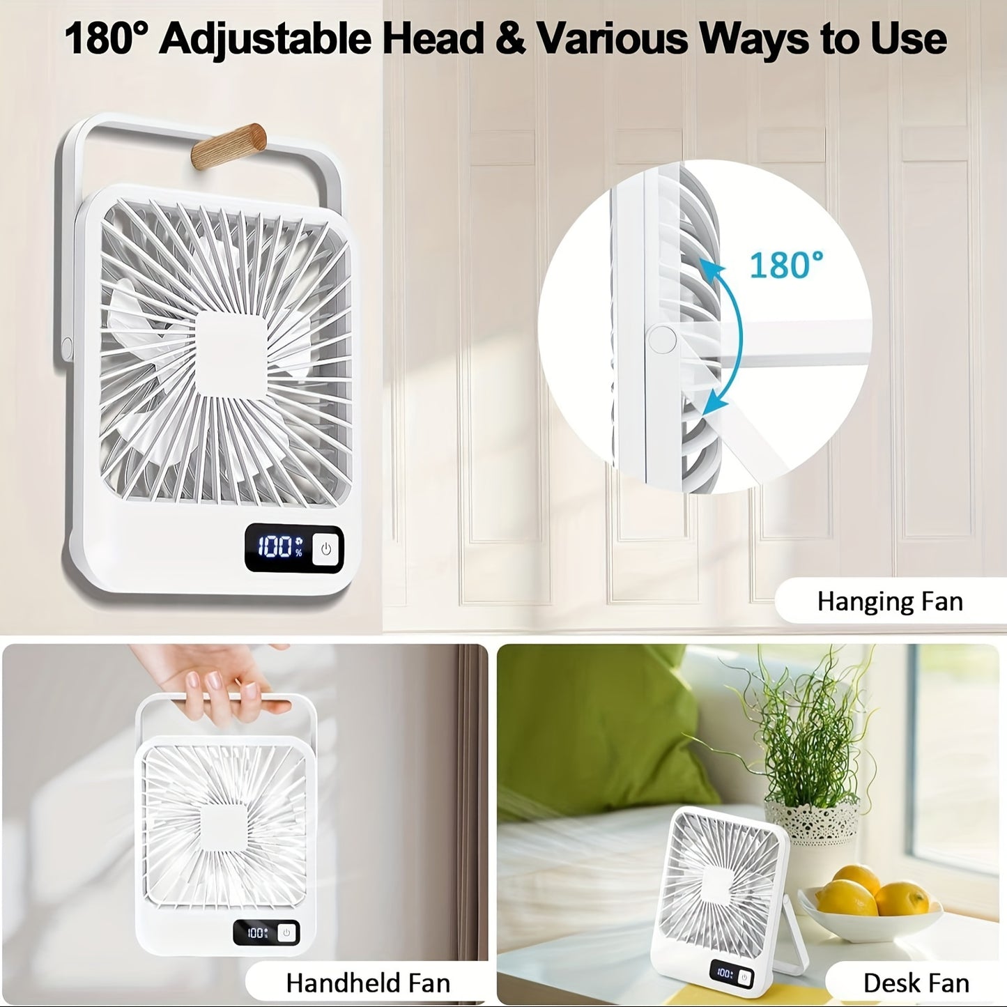 1800mAh Rechargeable YITUMU Mini Desktop Fan, 5 Gears Portable Cooling Fan, Powerful Wind, Quiet Operation, Square Shape, USB Charging, Suitable For Home, Office, Car And Outdoor Travel