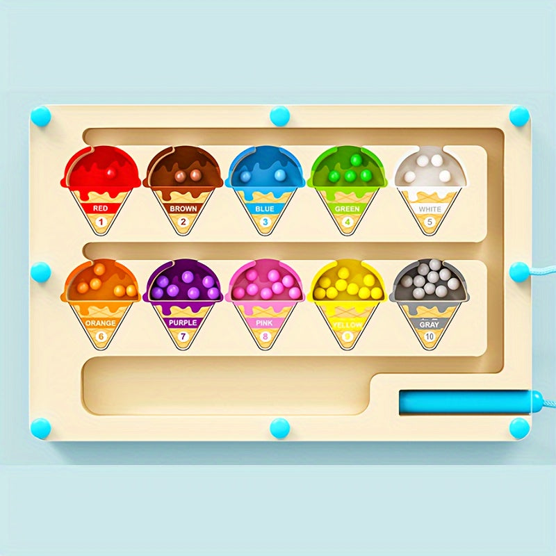 Wooden puzzle maze toy, focusing on training color classification, numerical calculation, suitable for children over three years old to walk in the maze magnetic ice cream Christmas, birthday gifts, Best for Christmas