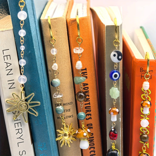 Handcrafted Natural Stone Bookmarks Set - Vintage Mushroom, Sun, Evil Eye Designs | Perfect Gift for Book Lovers & Friends
