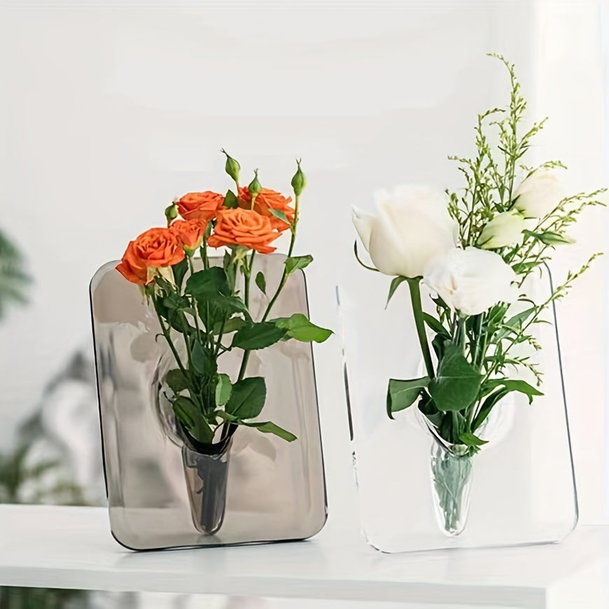 1 Piece Art Deco Style Acrylic Resin Bud Vase - Geometric Transparent Oblong Flower Vase - Creative Picture Frame Design - Decorative Home Office Desktop Accessory, Small Gift