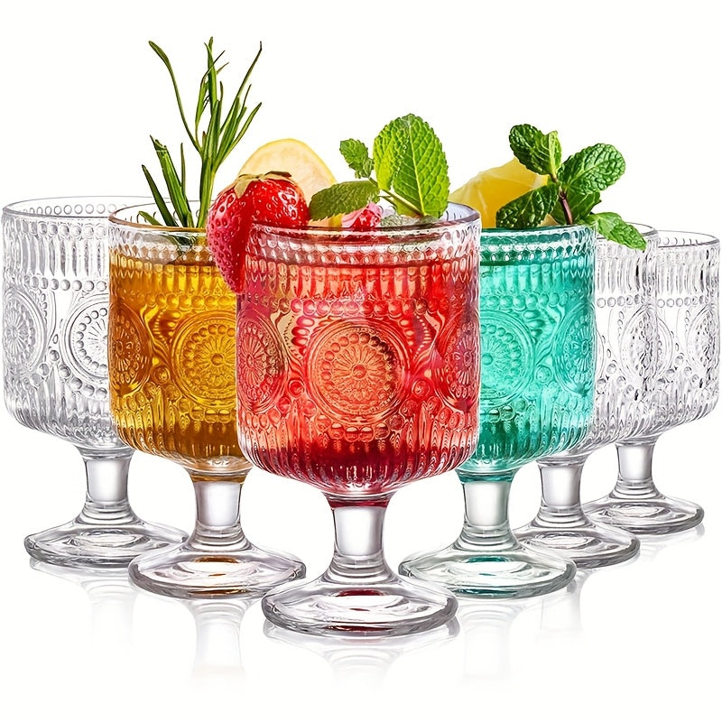 Set of 6/8pcs, Vintage 8 Oz Glasses, Floral Relief Wine Glasses, Transparent Glass Drinkware Set, Drinking Glasses, Bar Glassware for Iced Tea, Wine, Beer, Juice, Cocktail, Whisky