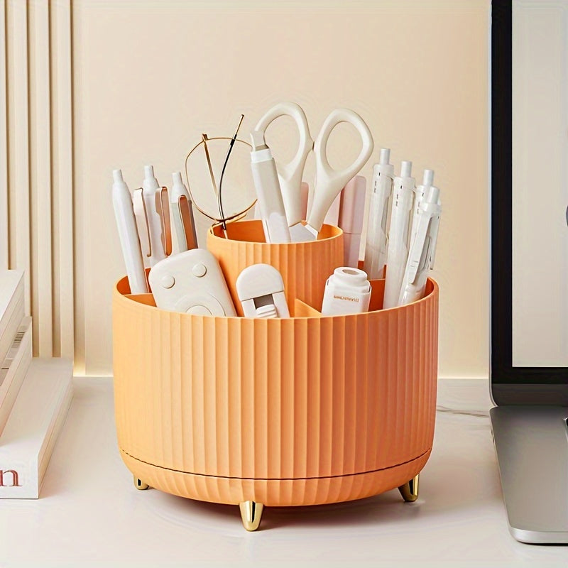 Round Multi-Compartment Rotating Pen Holder - Plastic Desk Organizer for Office Supplies and Cosmetics