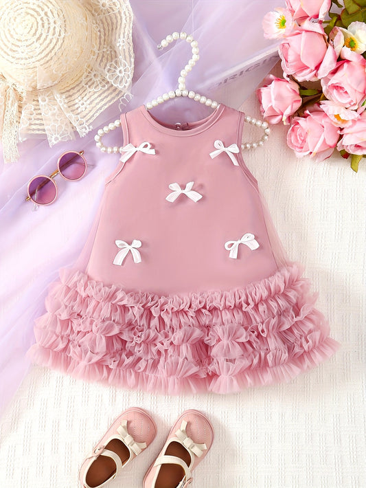 Girls' New Customized Light Pink Sleeveless Round Neck Tulle White Bow Pink Mesh Skirt Lace Casual Outdoor Dress