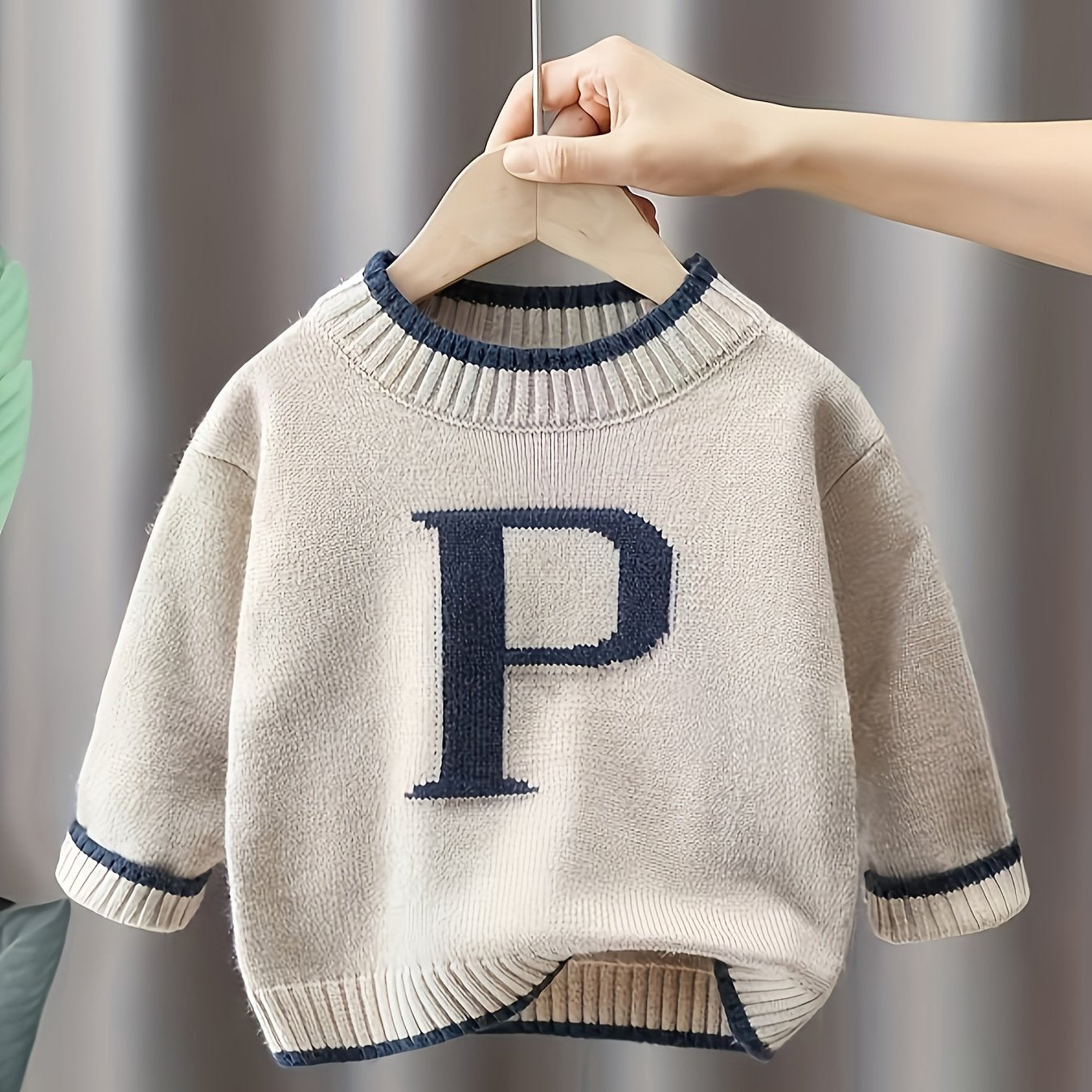 Boys' Sleeveless Knit Sweater with Bold 'P' Letter Design - Soft 50% Nylon/50% Polyester Blend, Ribbed Cuffs & Round Neck, Long Length for Toddlers 0-3 Years, Autumn Winter Casual Outfit