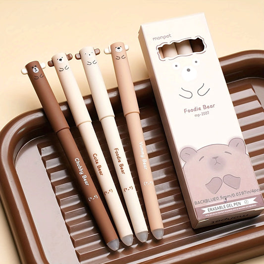 Four Small Bear Erasable Pens, Coffee Bear Neutral Pen, Cartoon Heat Erasable Mocha High-Temperature Disappearing Pen