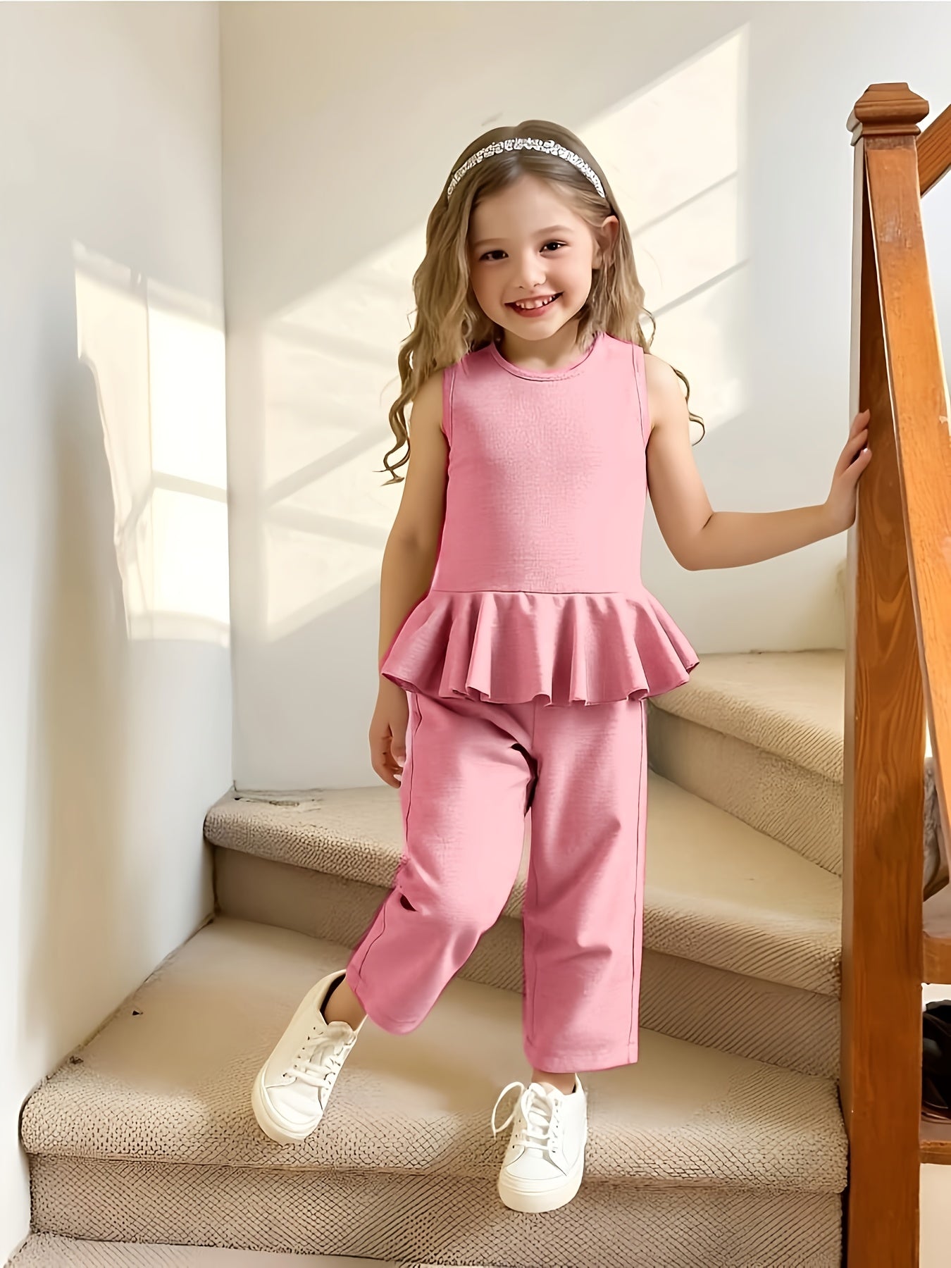 2pcs Young Girl Beach Vacation Set: Sleeveless Ruffle Hem Shirt + Wide Leg Pants, Sister Outfit, Perfect for Outdoor