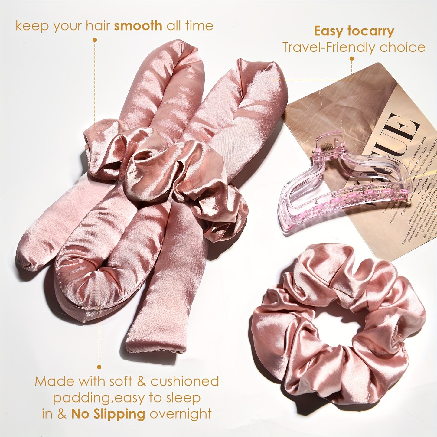 Ellitina 4pcs Spring-Summer Heatless Curling Set - No-Heat Overnight Waves & Satin Travel Kit | Sleep-Soft Adjustable Rod & Headbands (Leopard/Hearts) | DIY Vacation Curls Anywhere | Luxury Mother's Day gift