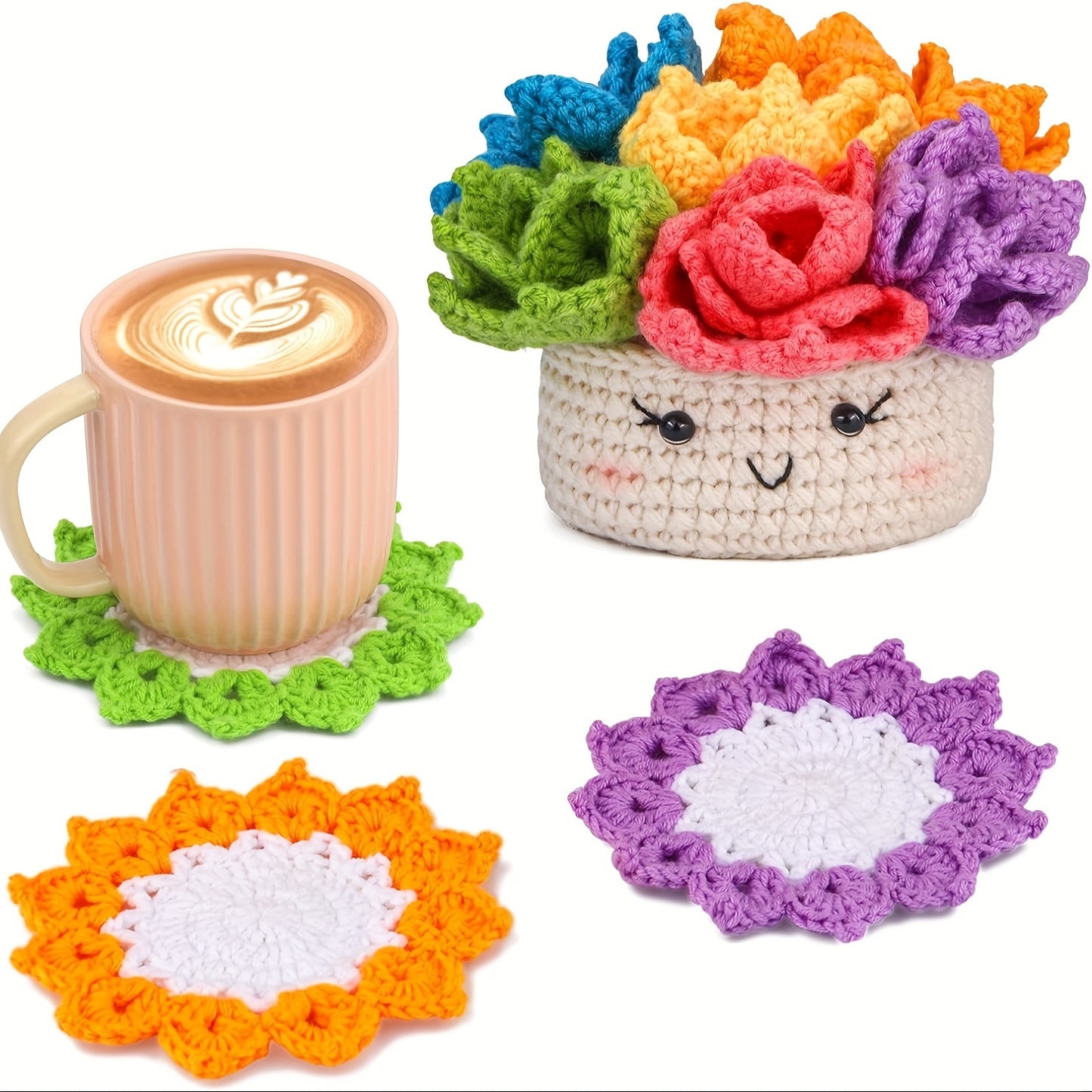 Crochet Set for Making Coasters Shaped Like Potted Plants, Complete with Video Guides And Crochet Hooks for Grown-Ups.