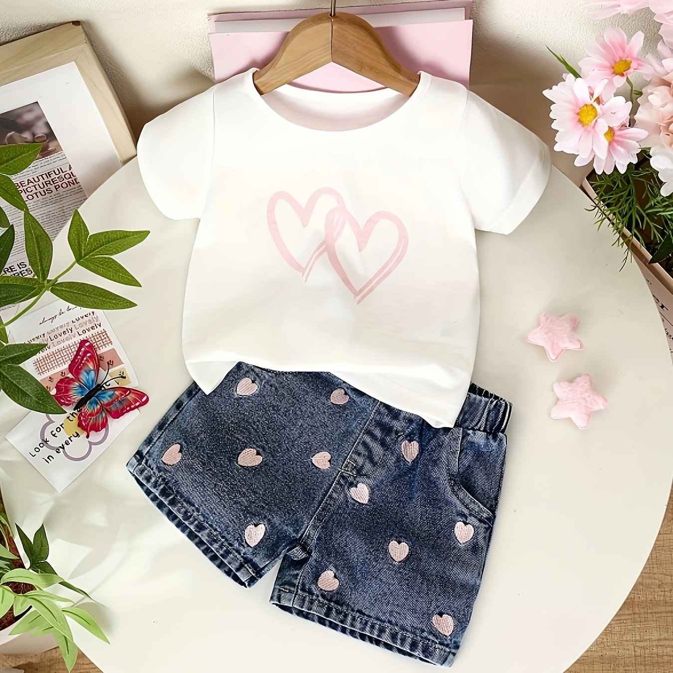 2pcs Girls' Shorts with Love Embroidery Set, Perfect for Outdoor