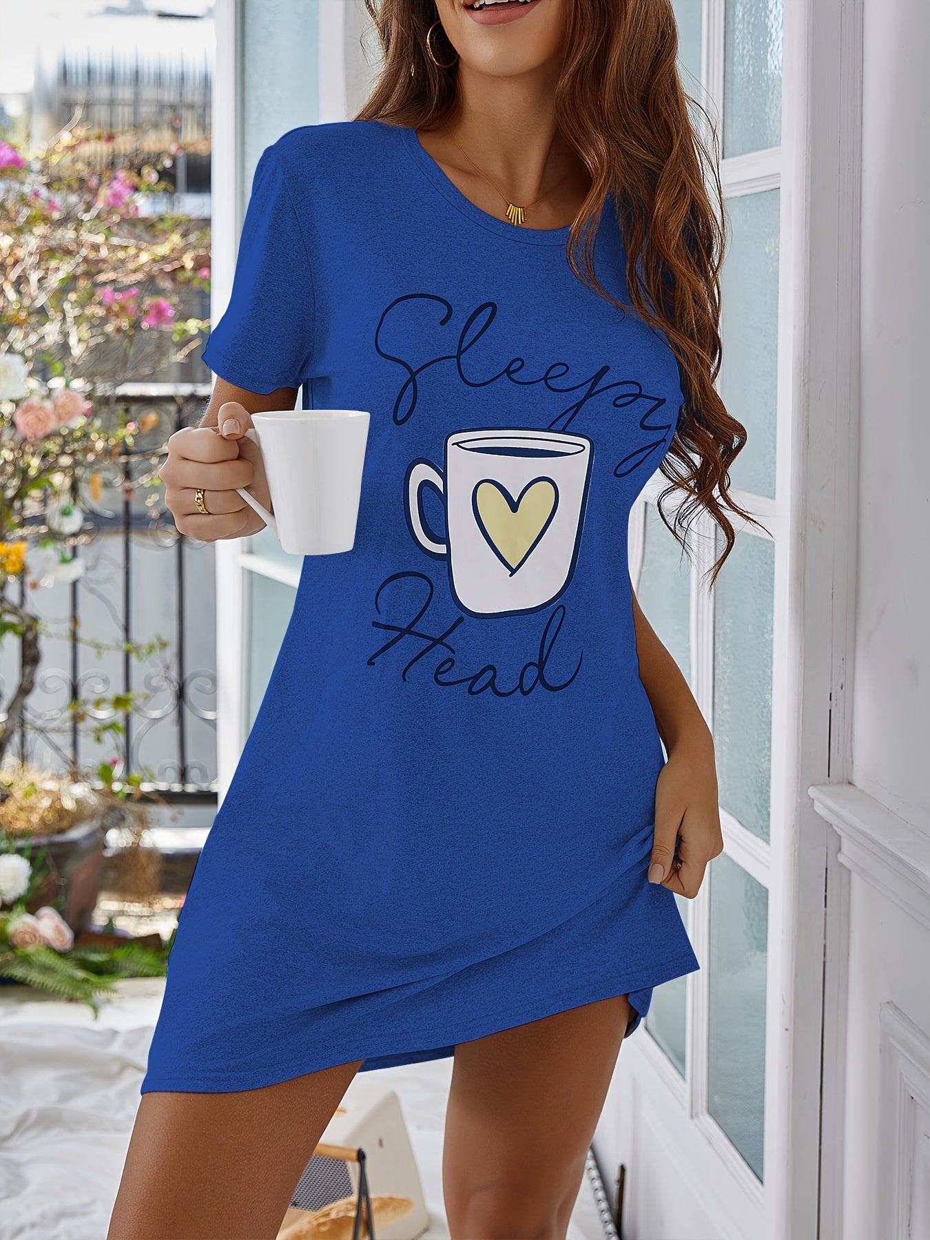 Cozy Printed Nightdress - Soft Short Sleeve Crew Neck Pajama Dress for Womens Comfortable Sleepwear and Lounging - Stylish Womens Dresses for a Relaxing Night In