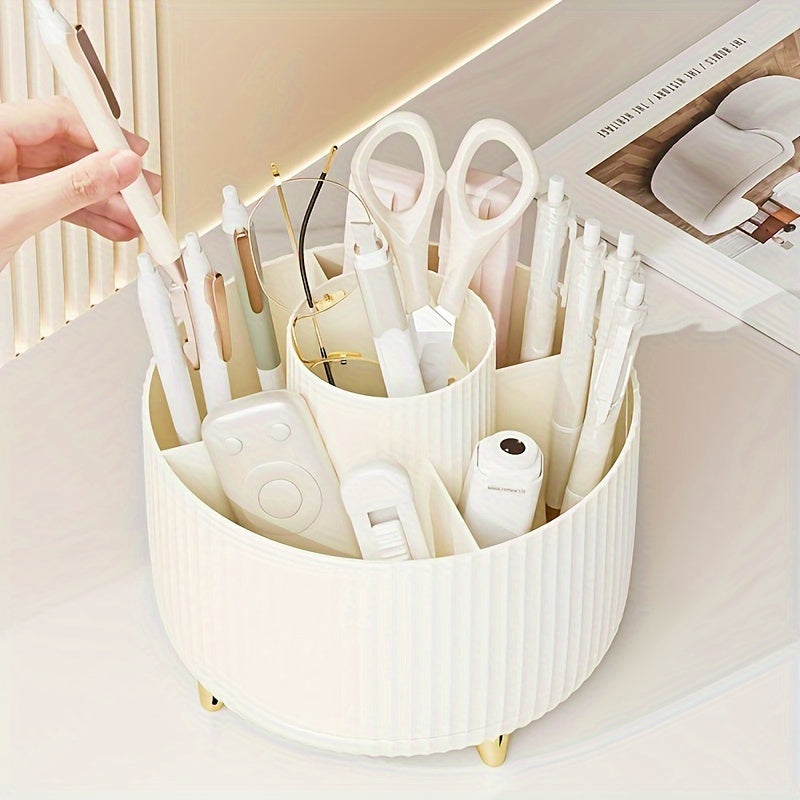 Round Multi-Compartment Rotating Pen Holder - Plastic Desk Organizer for Office Supplies and Cosmetics
