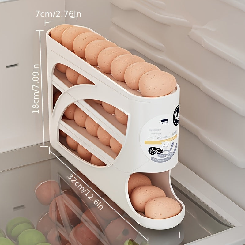 4-Tier Rolling Egg Holder - Space-Saving Side Door Design, Holds Up to 30 Eggs, Smooth Glossy Finish, Convenient Grip Handles, Ideal for Kitchen & Refrigerator Storage, Kitchen Organization | Modern Kitchen Accessory | Durable Plastic Holder,