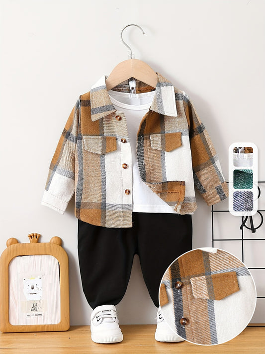 Baby Boys Stylish Lapel Plaid Coat Solid Color Trousers 2pcs Cotton Outdoor Set For Autumn And Winter Without T-shirt