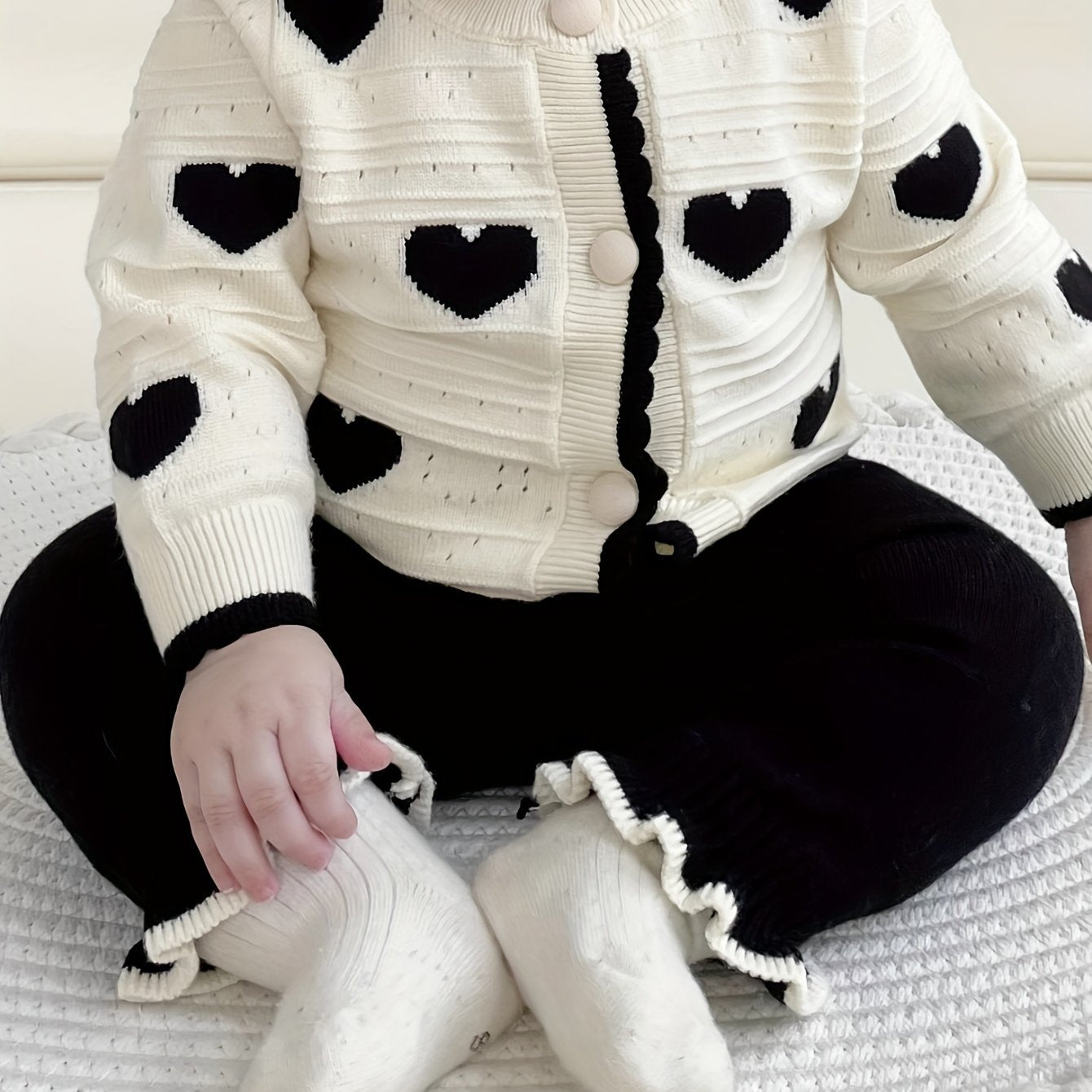 Newborn Baby Clothes Spring/Autumn Set for Girls with Heart Open Cardigan and Hollow Out Sweater Jacket Knit Pants Two-Piece Suit, Perfect for Outdoor