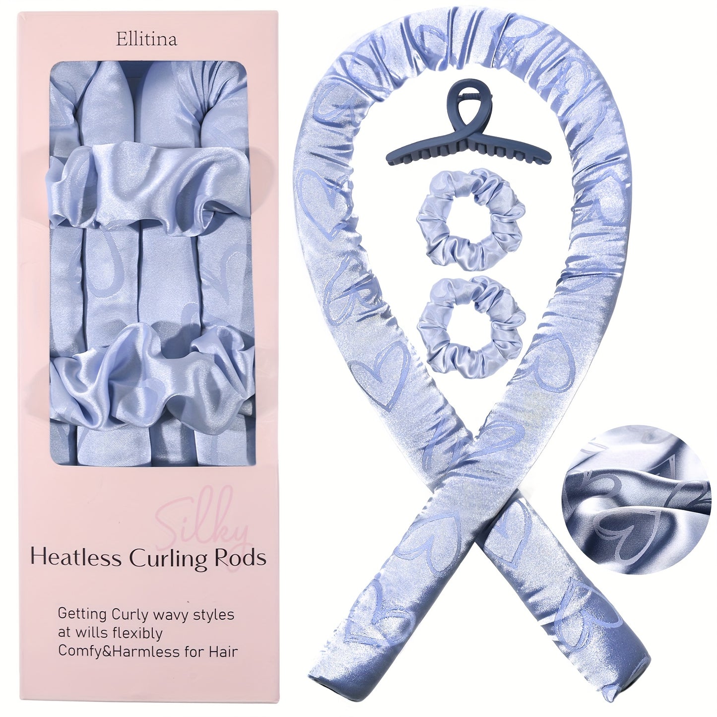 Ellitina 4pcs Spring-Summer Heatless Curling Set - No-Heat Overnight Waves & Satin Travel Kit | Sleep-Soft Adjustable Rod & Headbands (Leopard/Hearts) | DIY Vacation Curls Anywhere | Luxury Mother's Day gift