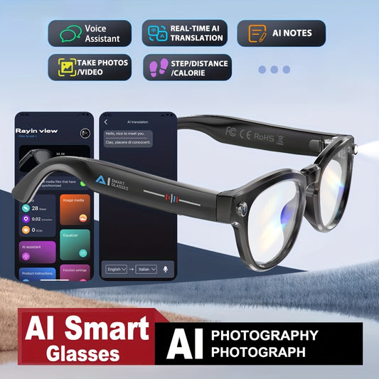 AI Voice Assistant Smart Glasses - Wireless Audio Calls, AI Translation, Remote Camera and Music Playback, Camera with LED Flashlight, Seamless App Connectivity for Recording Sports & Walking Data, the Perfect Gift