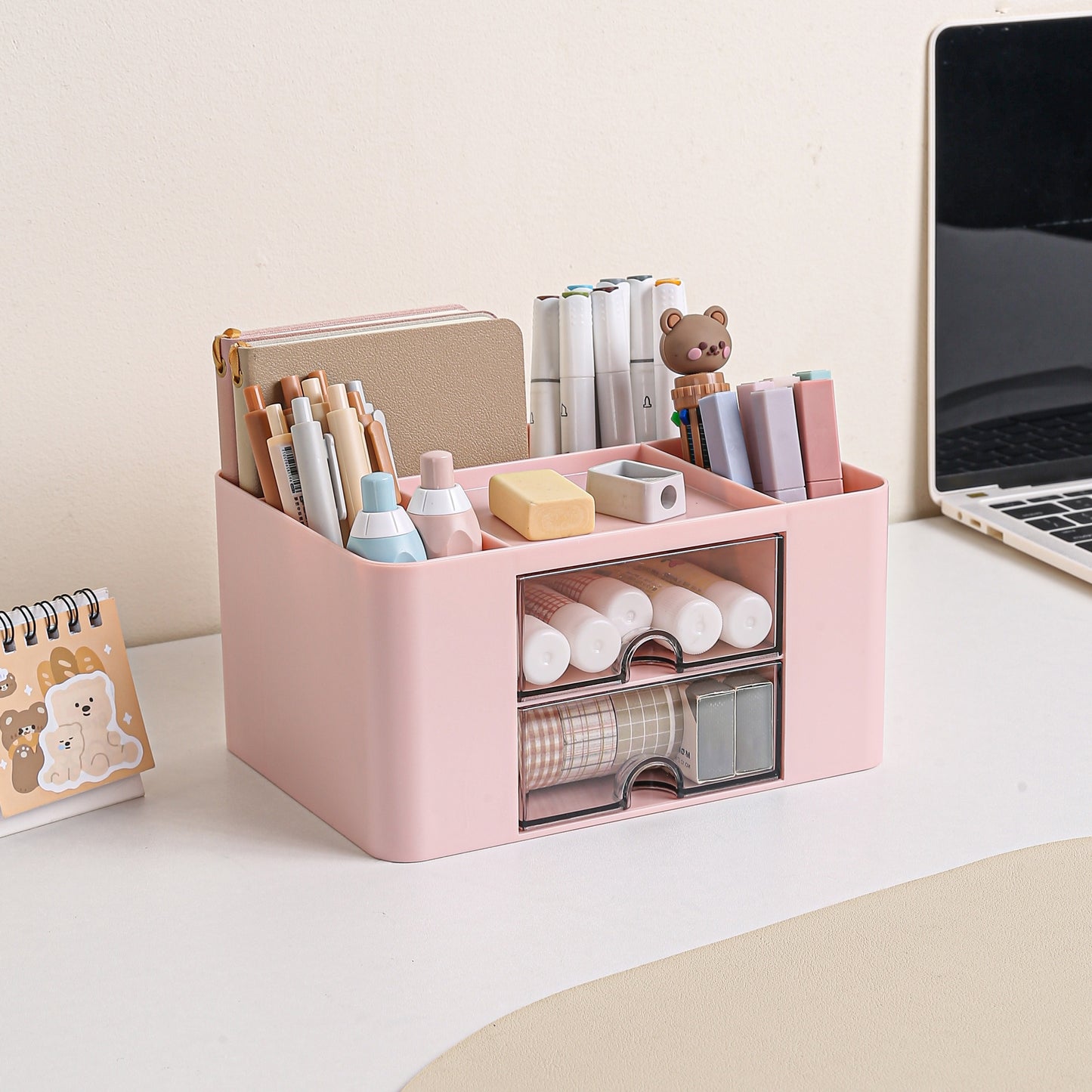 1pc Multi-Functional Plastic 5 Compartments Desk Organizer with 2 Drawers - Office Supply Caddy, Portable Desktop Storage for Stationery, Pens, Pencils, Art Supplies