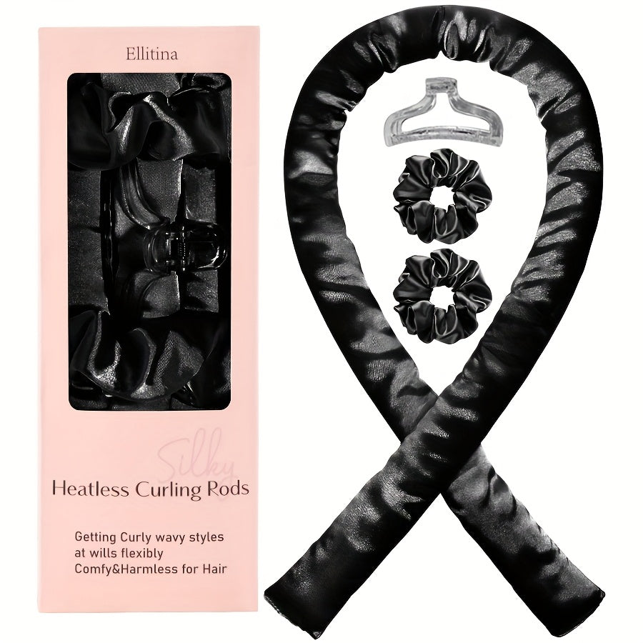 Ellitina 4pcs Spring-Summer Heatless Curling Set - No-Heat Overnight Waves & Satin Travel Kit | Sleep-Soft Adjustable Rod & Headbands (Leopard/Hearts) | DIY Vacation Curls Anywhere | Luxury Mother's Day gift