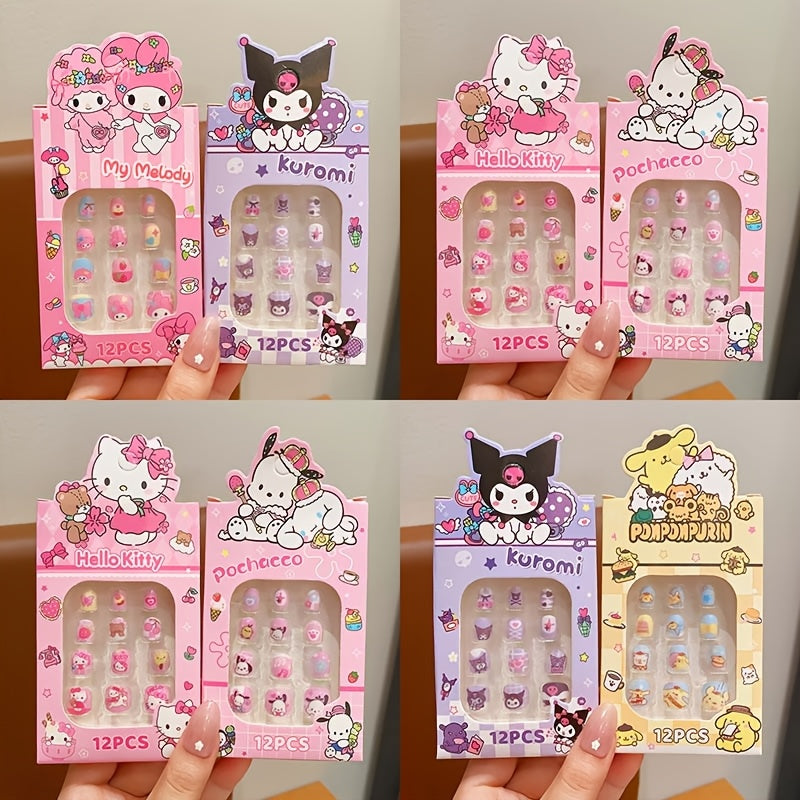 A Set of 6 Boxes Containing for hello kitty, Kurumi, Melody, for Cinnamoroll, for Pompompurin, And Pudding Dog Press-On Nail Kits, Featuring Full Coverage Short Square And Oval Fake Nail Tips, Totaling 72pcs (12pcs Per Box). Designed for Girls, with Vibra