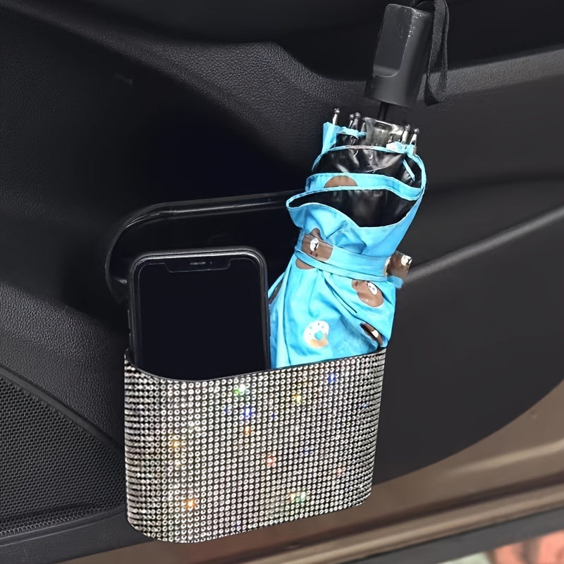 Artificial rhinestone inlaid car trash can, car interior hanging storage bin automatic lid trash can bag multi-functional mother car accessories