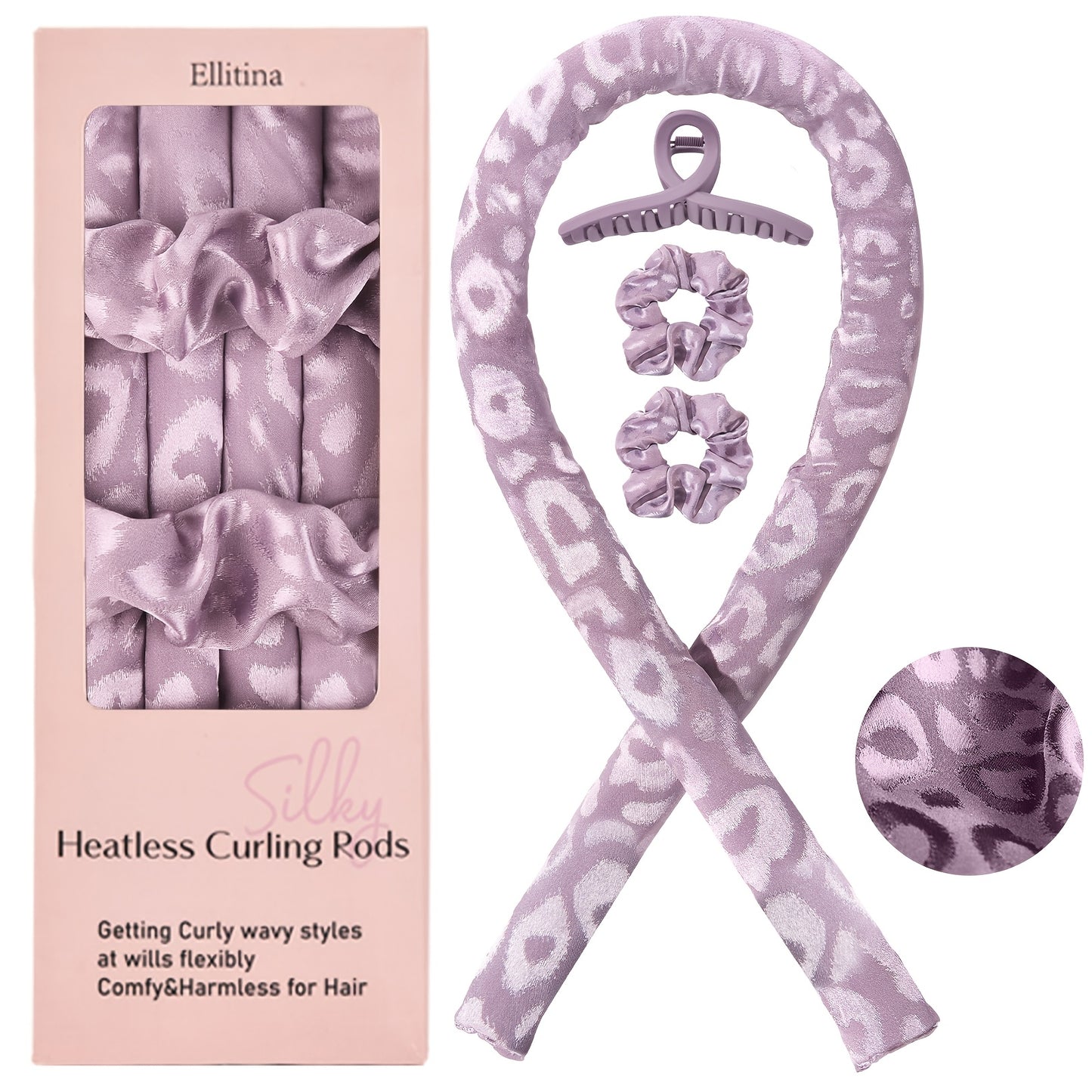 Ellitina 4pcs Spring-Summer Heatless Curling Set - No-Heat Overnight Waves & Satin Travel Kit | Sleep-Soft Adjustable Rod & Headbands (Leopard/Hearts) | DIY Vacation Curls Anywhere | Luxury Mother's Day gift