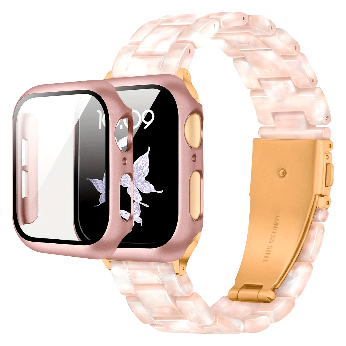 2-in-1 watch strap + screen protector case, stylish and lightweight resin watch strap compatible with stainless steel buckle, PC and resin material, suitable for iWatch 9 8 7 6 5 4 series, size: 40/41/44/45mm