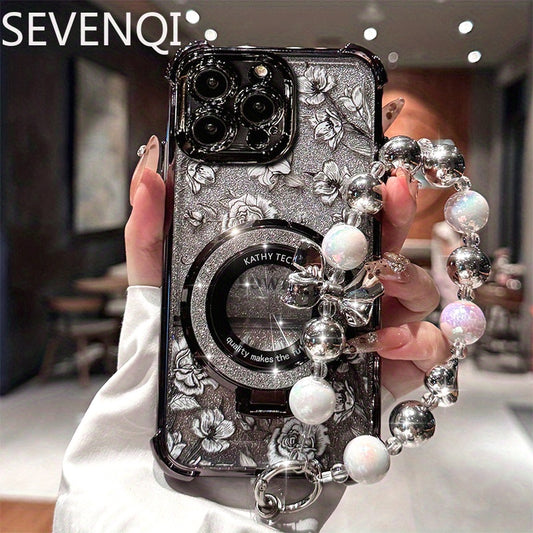 Lily Flowers For Apple 15promax Phone Case 16 For Girls New Premium IPhone14 Four Corners Anti-Drop 12 Glitter Flower Protective Case 13 Magnetic Bracket 12 Girls With Bracelet Phone Case For 16promax