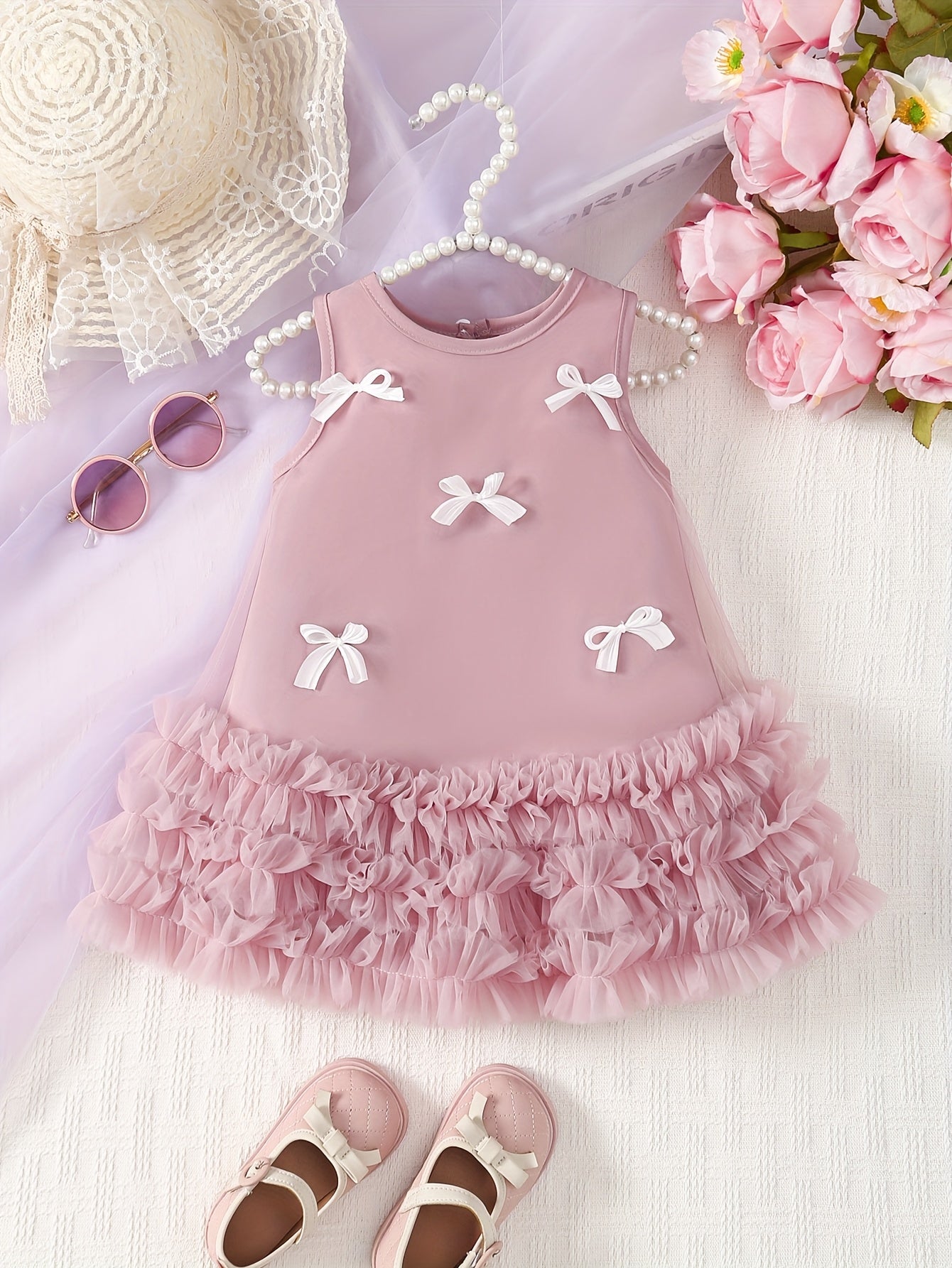 Girls' New Customized Light Pink Sleeveless Round Neck Tulle White Bow Pink Mesh Skirt Lace Casual Outdoor Dress