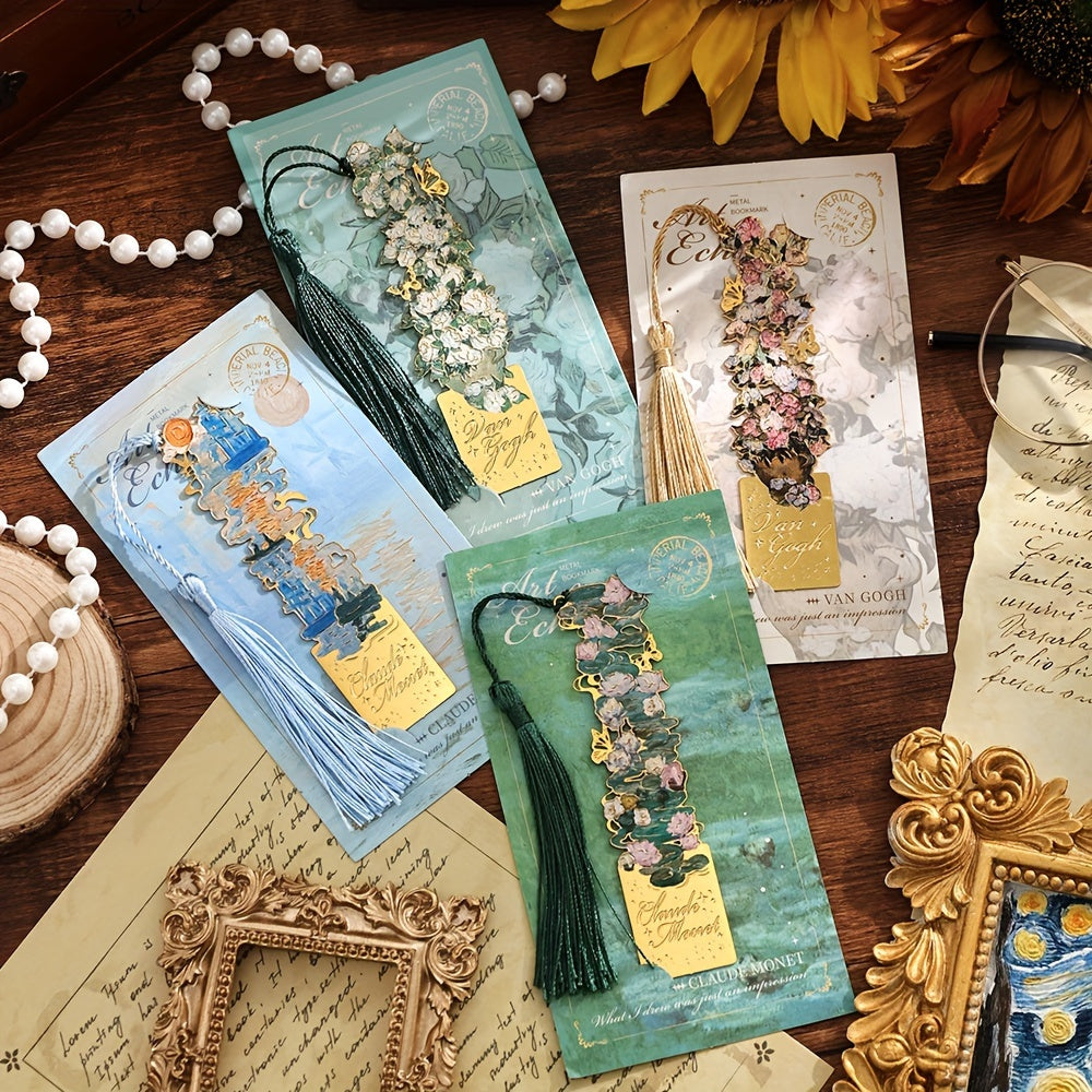 8pcs Metal Vintage Artistic Bookmarks with Long Tassels, Retro Hollow Design for Book Lovers, Students & Office Use