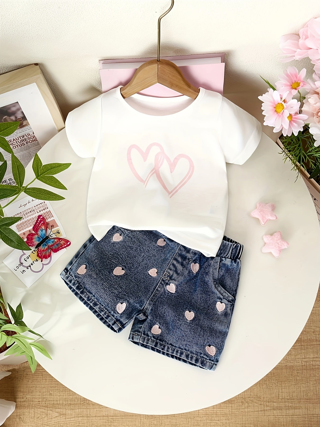 2pcs Girls' Shorts with Love Embroidery Set, Perfect for Outdoor
