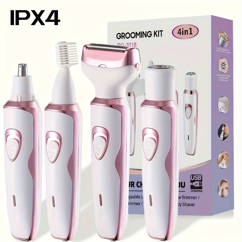 Electric Razor for Women, 4-in-1 Rechargeable grooming kit, Lady Electric Shaver for Face, Nose, Legs And Underarm, Bikini Trimmer for Women Painless, Hair Razor Rechargeable & Portable