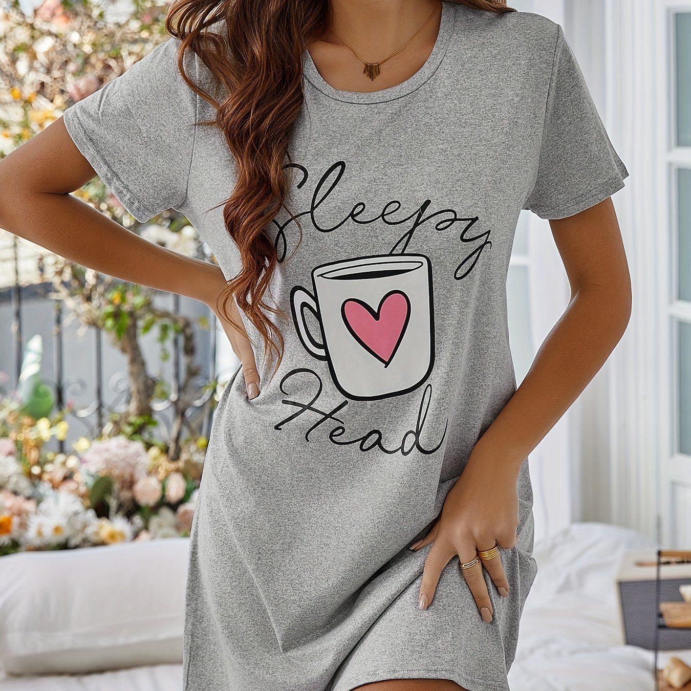 Cozy Printed Nightdress - Soft Short Sleeve Crew Neck Pajama Dress for Womens Comfortable Sleepwear and Lounging - Stylish Womens Dresses for a Relaxing Night In
