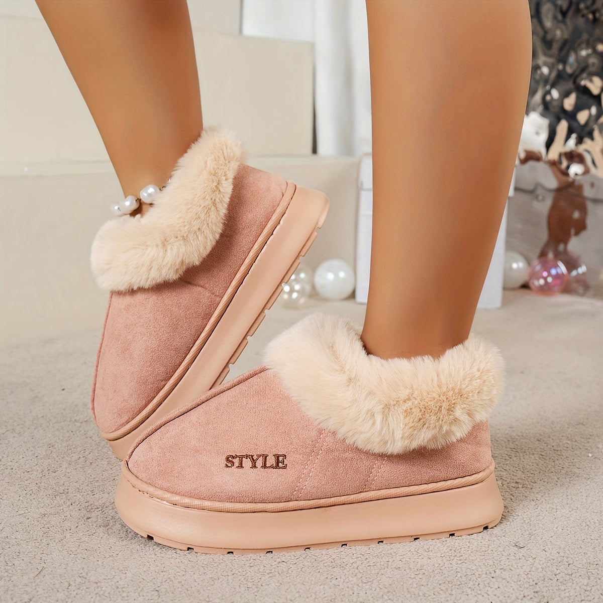 Cozy Winter Plush Slipper Boots for Women - Soft, Warm, Non-Slip Sole with Thick Heel, Solid Color Indoor Comfort Shoes