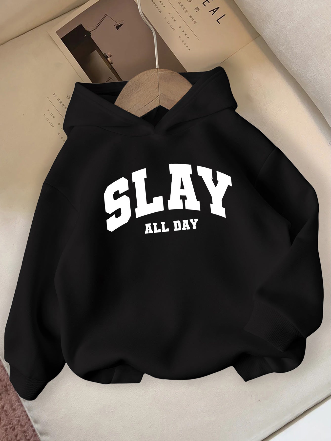 Girls' Pink "SLAY ALL DAY" Hooded Sweatshirt - Casual Long Sleeve Winter Pullover with Bold White Lettering, Regular Fit for Autumn & Winter, Winter Clothes for Girls, Comfortable Fit