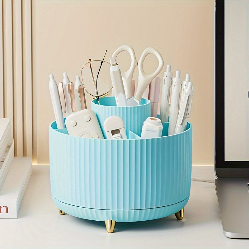 Round Multi-Compartment Rotating Pen Holder - Plastic Desk Organizer for Office Supplies and Cosmetics