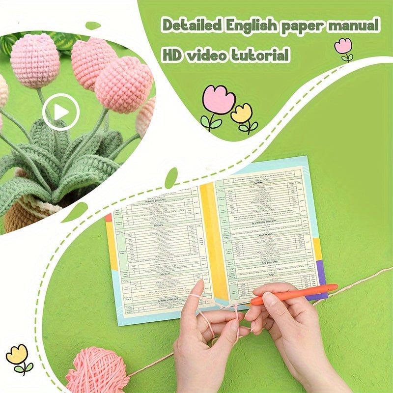 Tulip Crochet Kit Including 6 Colors of Yarn,2 X Crochet Hook,5 X Stitch Markers,1X Instructions,1 X Blunt Head Large Eye Needle,1 X Filled,7 X Iron Wires,1Xbundle of Fine Silver Wire, DIY Knitting Crochet