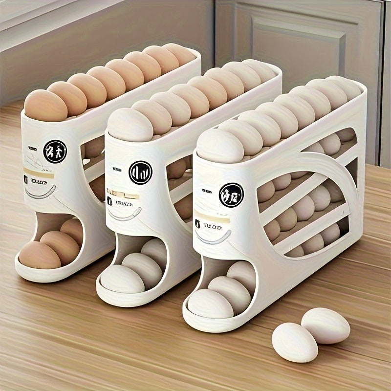 4-Tier Rolling Egg Holder - Space-Saving Side Door Design, Holds Up to 30 Eggs, Smooth Glossy Finish, Convenient Grip Handles, Ideal for Kitchen & Refrigerator Storage, Kitchen Organization | Modern Kitchen Accessory | Durable Plastic Holder,