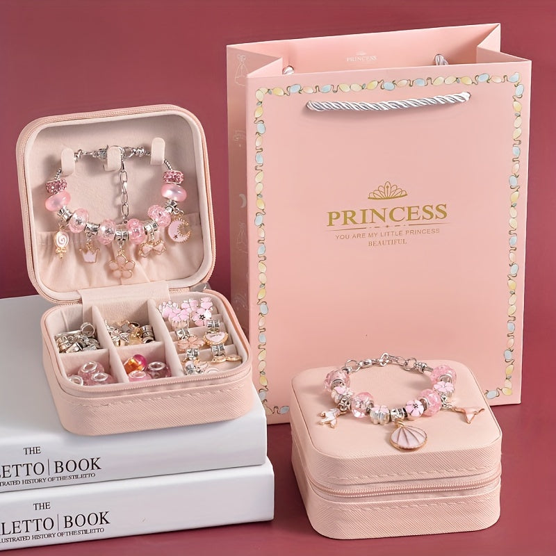 Charm bracelet making kits for girls DIY beads jewelry for gilrs crafts DIY bracelet with pink Faux Leather gift box