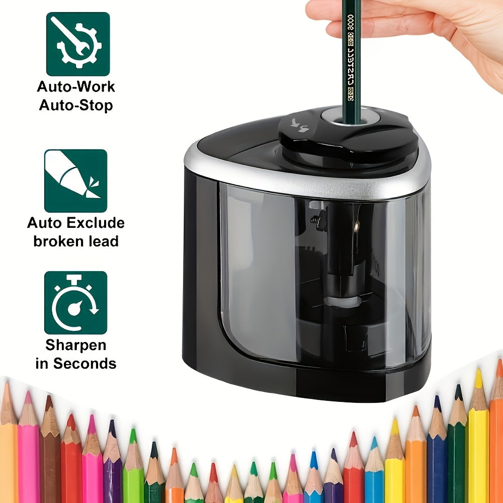 1pc automatic electric pencil sharpener, sharpens quickly within seconds, stops automatically and prevents lead breakage, durable, black, office desk stationery tool