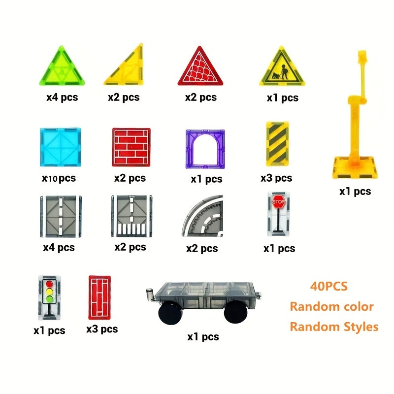 Magnetic Tiles Road Set with Magnet Crane Car Toys, Magnetic Building Blocks STEM Toys Creativity And Learning Construction Toys for Kids Age 3-6 Birthday Christmas Gifts (Random Color)