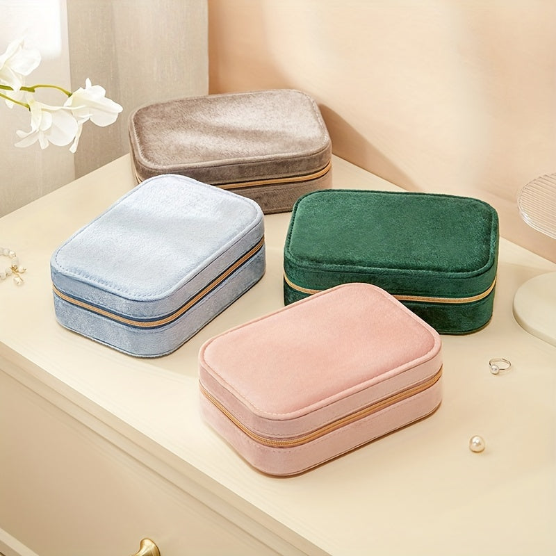 1pc Glam Style 3-Layer Velvet Jewelry Box with Zipper Closure - Multipurpose Rectangular Organizer with Necklace Hooks for Earrings, Necklaces, Rings, Watches, Hair Accessories - Ideal for Travel & Home Storage - Perfect for Christmas, New Year, Valentine